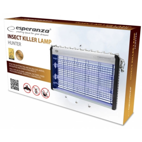 Инсектицидна лампа Esperanza Hunter EHQ006, 20W, 80m2, UV светлина, Тиха работа, Бял