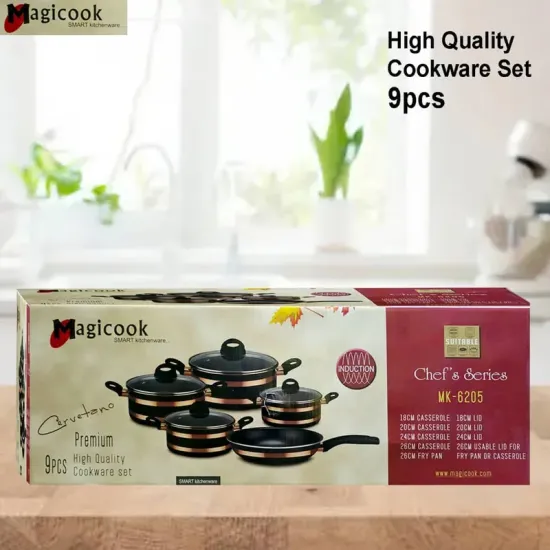 Комплект тенджери и тиган Magicook MK-6205, 9 части, Незалепващо покритие, Многослойно дъно, Индукция