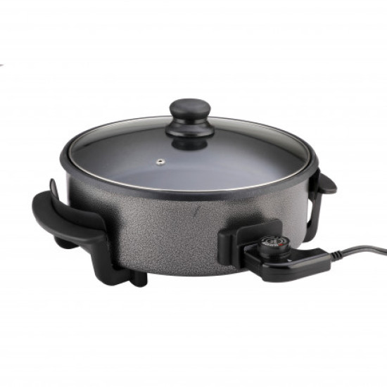 Електрически тиган за приготвяне на пица Rosberg R51010B, 1500W, 30 см, Терморегулатор, Незалепващо покритие, Сив