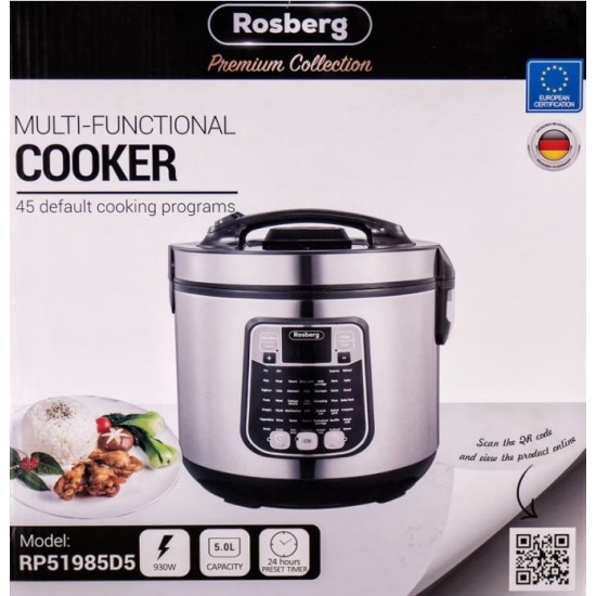 Мултикукър Rosberg Premium RP51985D5 с 45 програми, 930W, 5L, Незалепващо покритие, Инокс